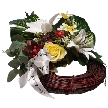 KEGYELETI  KOSZORÚ  FEHÉR VIRÁGOKKAL  30 CM