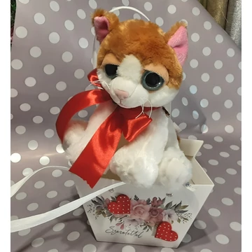 PLÜSS  MACSKA  BARNA  -  FEHÉR,  TÁSKÁBAN  25  ×  25  CM