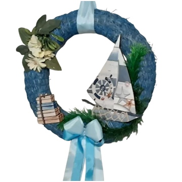 BALATONI  VITORLÁSOK - KÉKSZALAGOS  DEKOR  KOSZORÚ  30  CM