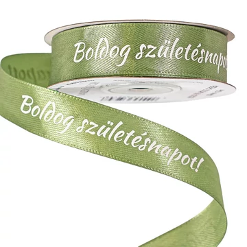 "BOĹDOG  SZÜLETÉSNAPOT" FELÍRATOS   SZATÉN   SZALAG  20 MM × 10 M - MOHA  ZÖLD