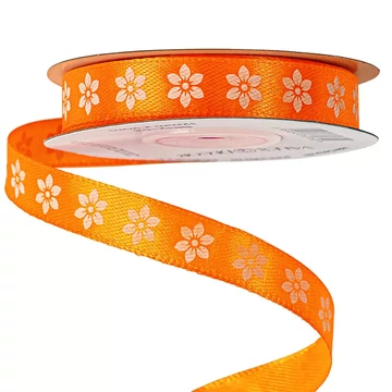 VIRÁGMINTÁS  SZATÉN  SZALAG  12 MM  ×  6 M  -  SÖTÉT  NARANCSSÁRGA