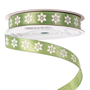 VIRÁGMINTÁS  SZATÉN  SZALAG  12 MM × 6 M -  MOHA  ZÖLD