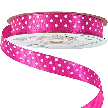 FEHÉR  PÖTTYÖS  SZATÉN  SZALAG  12  MM × 10 M  -  SÖTÉT  RÓZSASZÍN