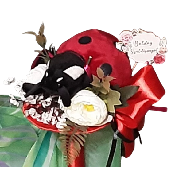 VIRÁGCSOKOR  PLÜSS  KATICABOGÁRRAL,  SZÜLIINAPI  MEGLEPETÉS  38 CM
