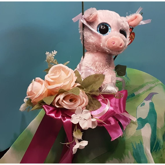 BALLAGÁSI VIRÁGCSOKOR  PLÜSS  RÓZSASZÍN  MALACKÁVAL,  38  CM