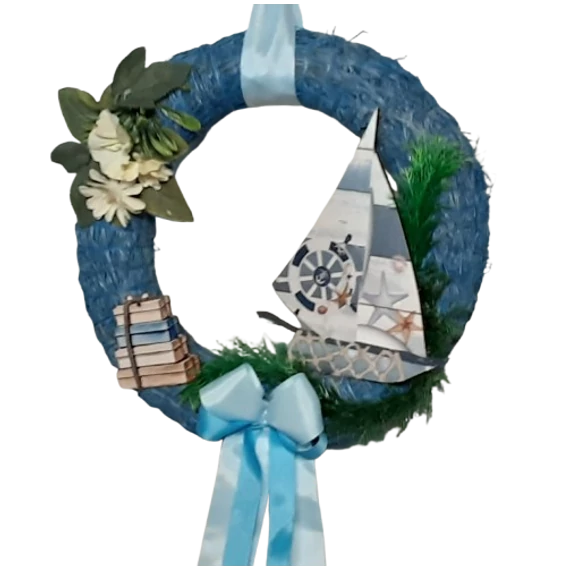 BALATONI  VITORLÁSOK - KÉKSZALAGOS  DEKOR  KOSZORÚ  30  CM