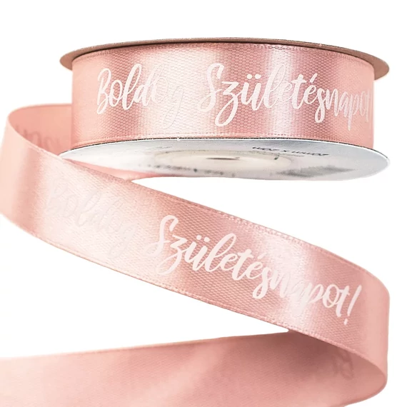 "BOLDOG  SZÜLETÉSNAPOT"  FELÍRATOS  SZATÉN  SZALAG  20  MM × 10  M  PUDER  RÓZSASZÍN