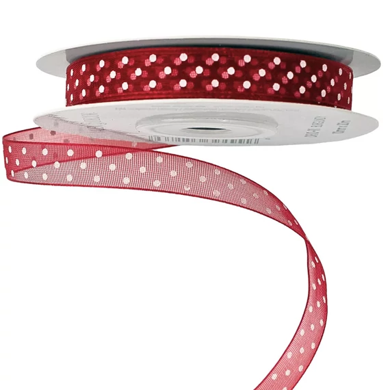 FEHÉR  PÖTTYÖS  SZATÉN  SZALAG  12  MM  × 10  M  -  BORDÓ
