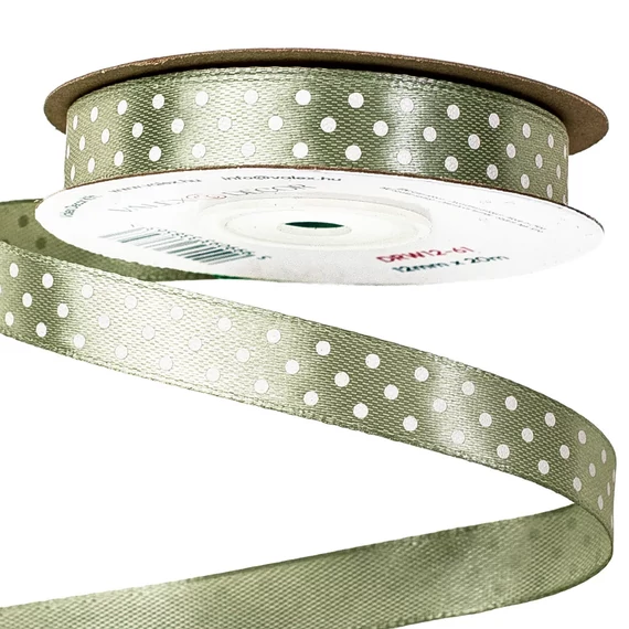 FEHÉR  PÖTTYÖS  SZATÉN  SZALAG  12  MM × 10  M  -  VITAGE  ZÖLD