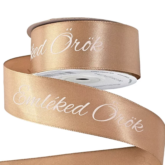"EMLÉKED  ÖRÖK"  FELÍRATOS  SZATÉN  GYÁSZ  SZALAG  30 MM × 5 M - ARANY  BARNA